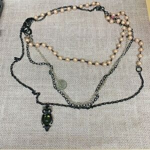 CM Gunmetal Pink Pearl Chain Layered Owl Necklace